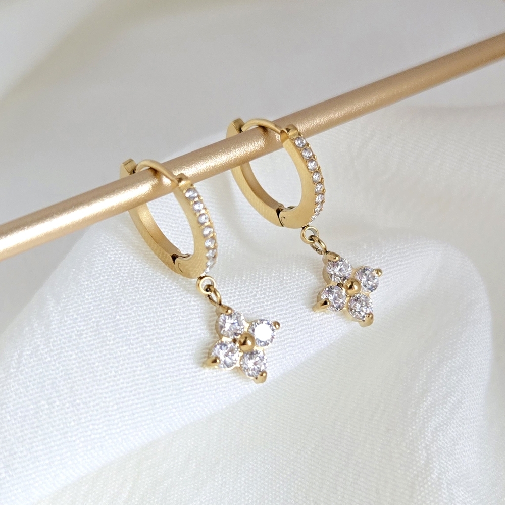 Gold CZ Diamond Clover Hoop Earrings - Picture 8 of 10